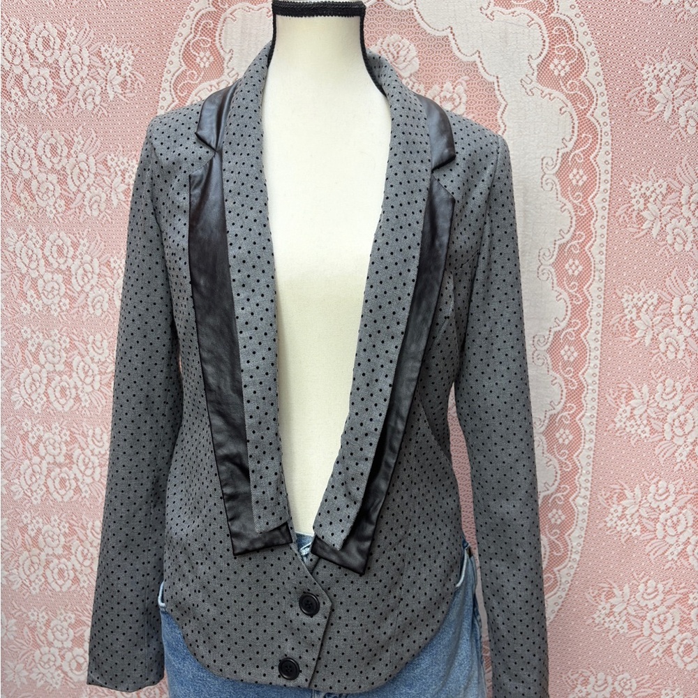 Polka Dot Blazer w/ Faux Leather Trim